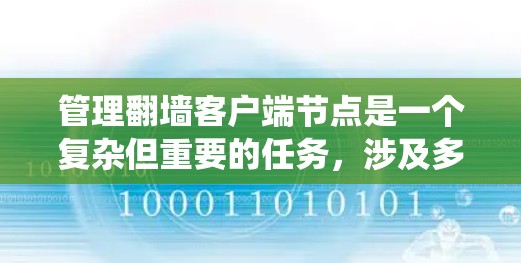 管理翻墙客户端节点是一个复杂但重要的任务,涉及多个方面。以下是一个系统化的指南,涵盖访问控制、资源管理、安全策略、网络配置和监控维护等方面