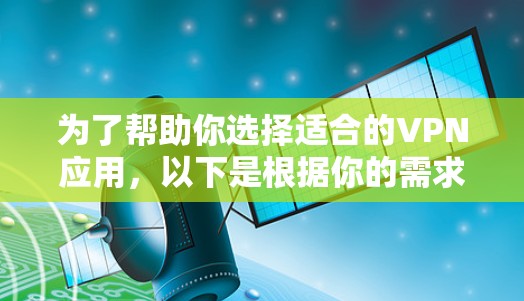 为了帮助你选择适合的VPN应用，以下是根据你的需求和情况的建议